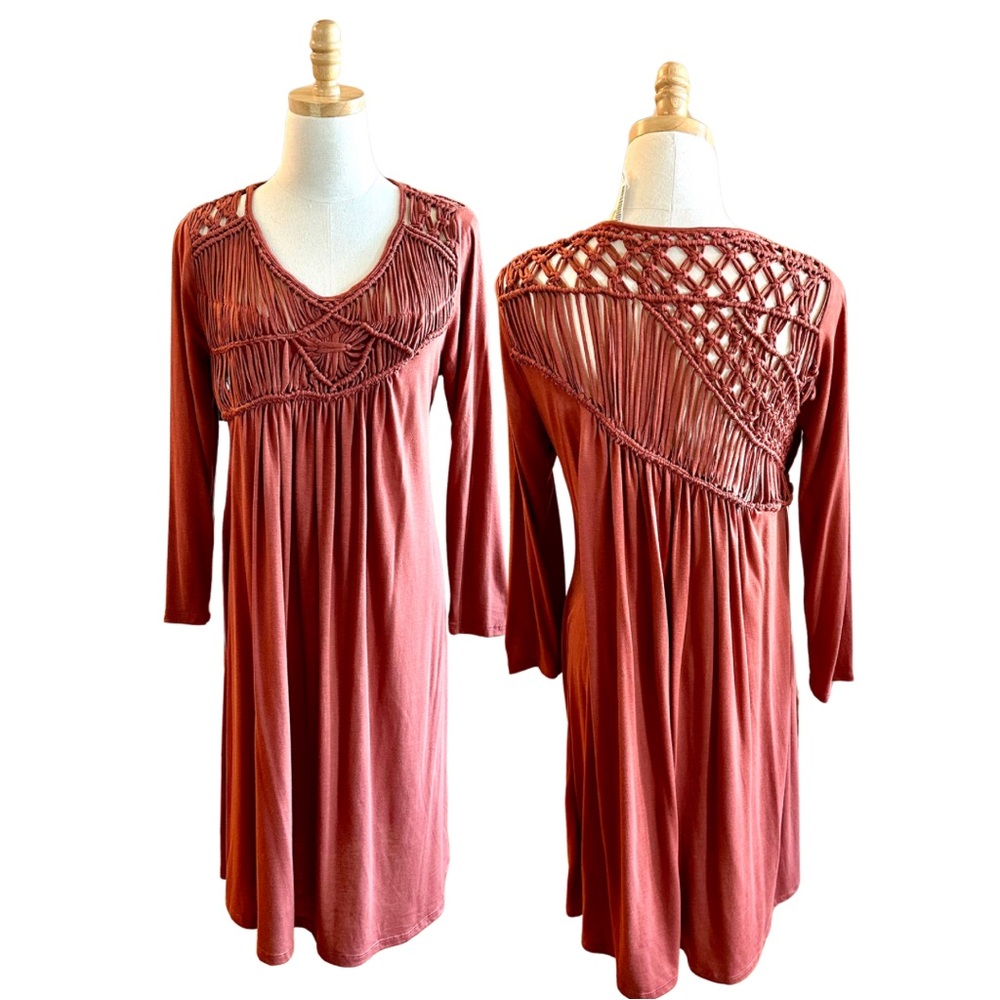 *NWOT* BOUTIQUE Monoreno Knit Hand-Woven Detail Midi Shift in Deep Copper — S